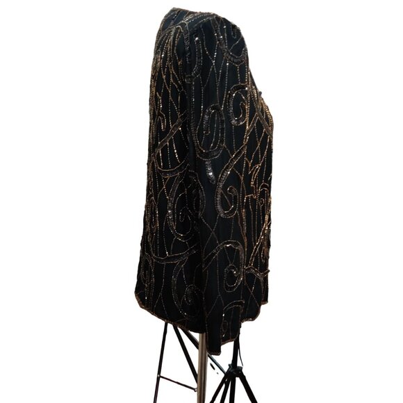 Vintage JMC Womens Petite Evening Jacket Beaded Cocktail Silk Black Gold Sz PL L - Picture 11 of 11